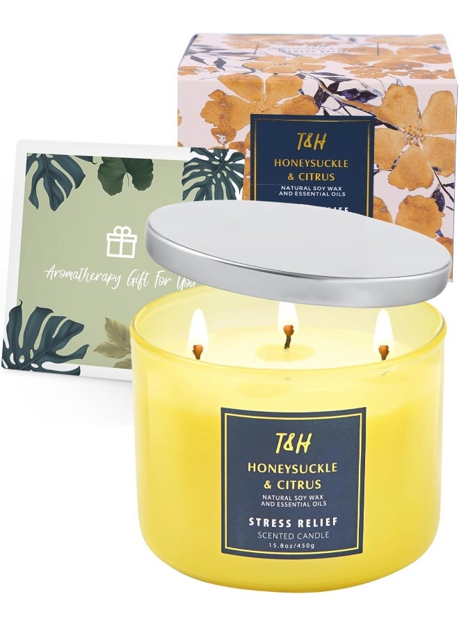T&H Large 3-Wick Aromatherapy Scented Candles for Home - Honeysuckle Citrus Stress Relief Candle with Grapefruit & Mint - Natural Soy Candles Clean Burning - Relaxing Candle for Women & Men - Image 4